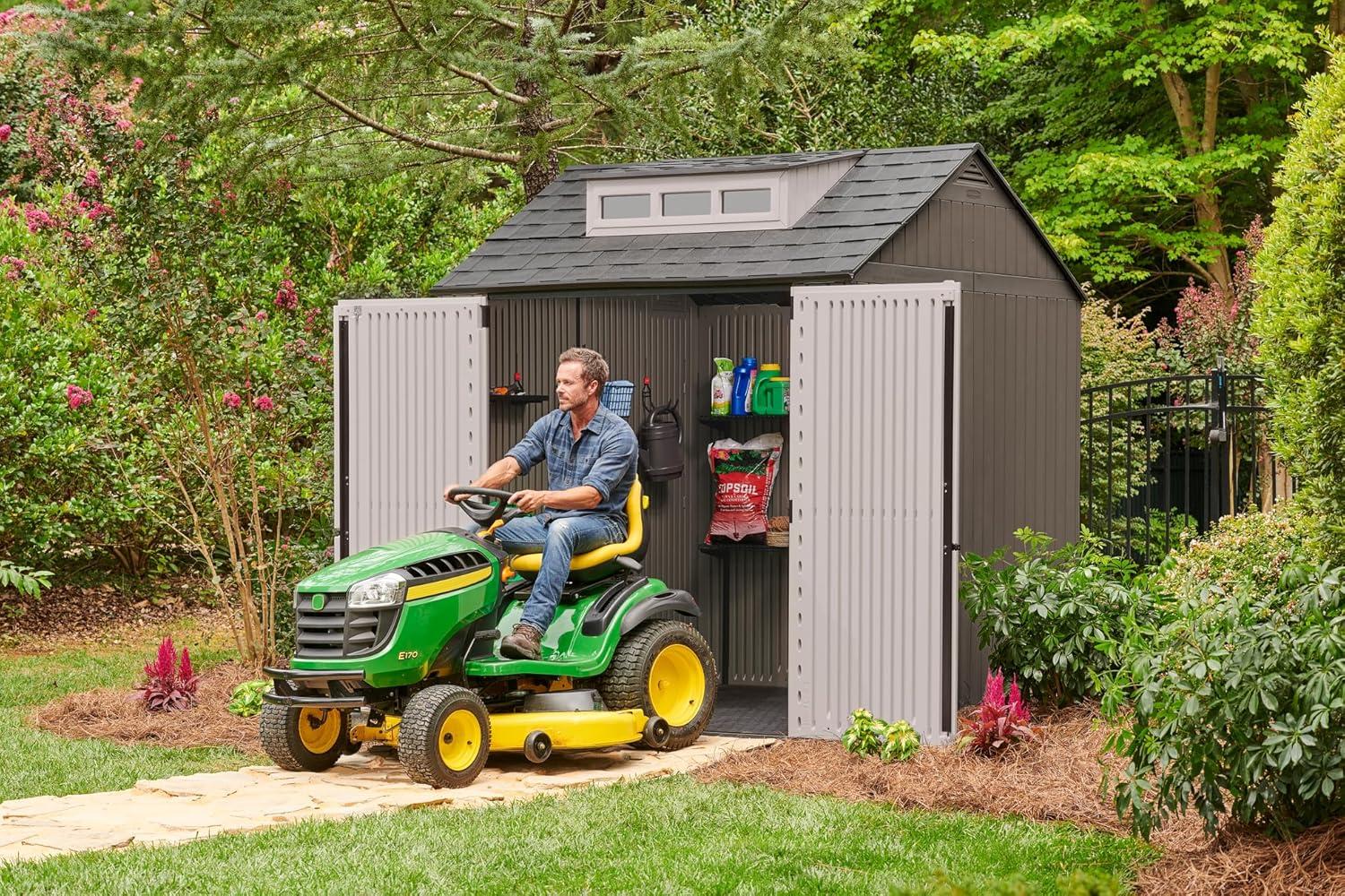 Brown Resin Medium Outdoor Storage Shed with Windows, 7 x 7 ft