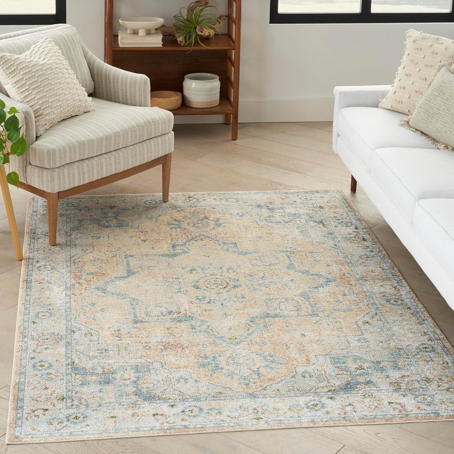 Nourison Astra Machine Washable Vintage Medallion Indoor Rug Beige Blue 4' x 6'