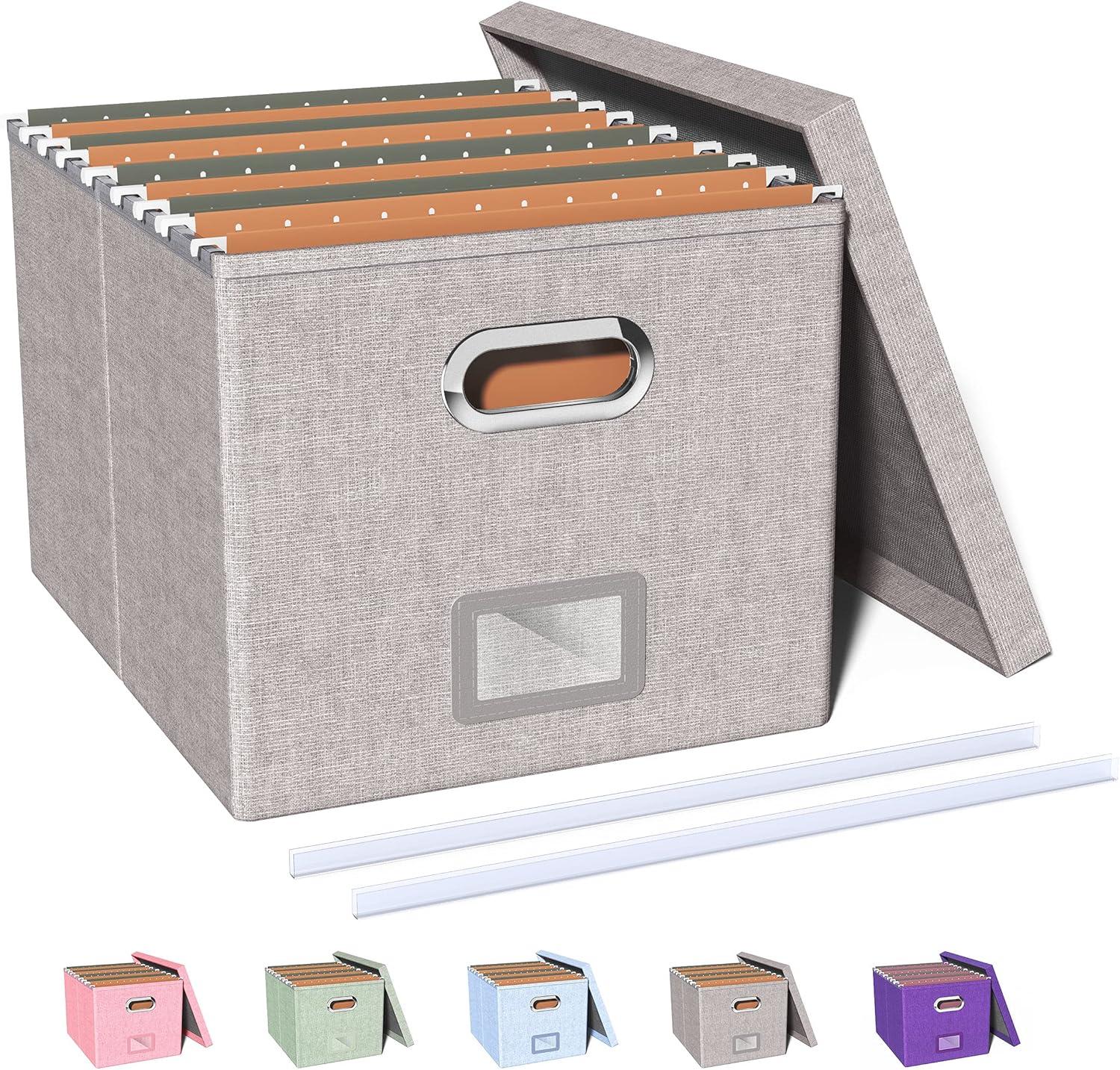 Oterri File Organizer Box,Filing Box with Lid,File Box for Letter/Legal File Folder Storage, Portable Hanging File Box for Office/Decor/Home,1 Pack,Gray-white,Box only