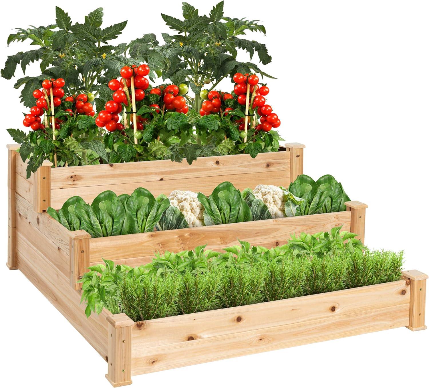 Best Choice Products 3-Tier Fir Wood Raised Garden Bed Planter for Plants, Vegetables, Outdoor Gardening - Natural