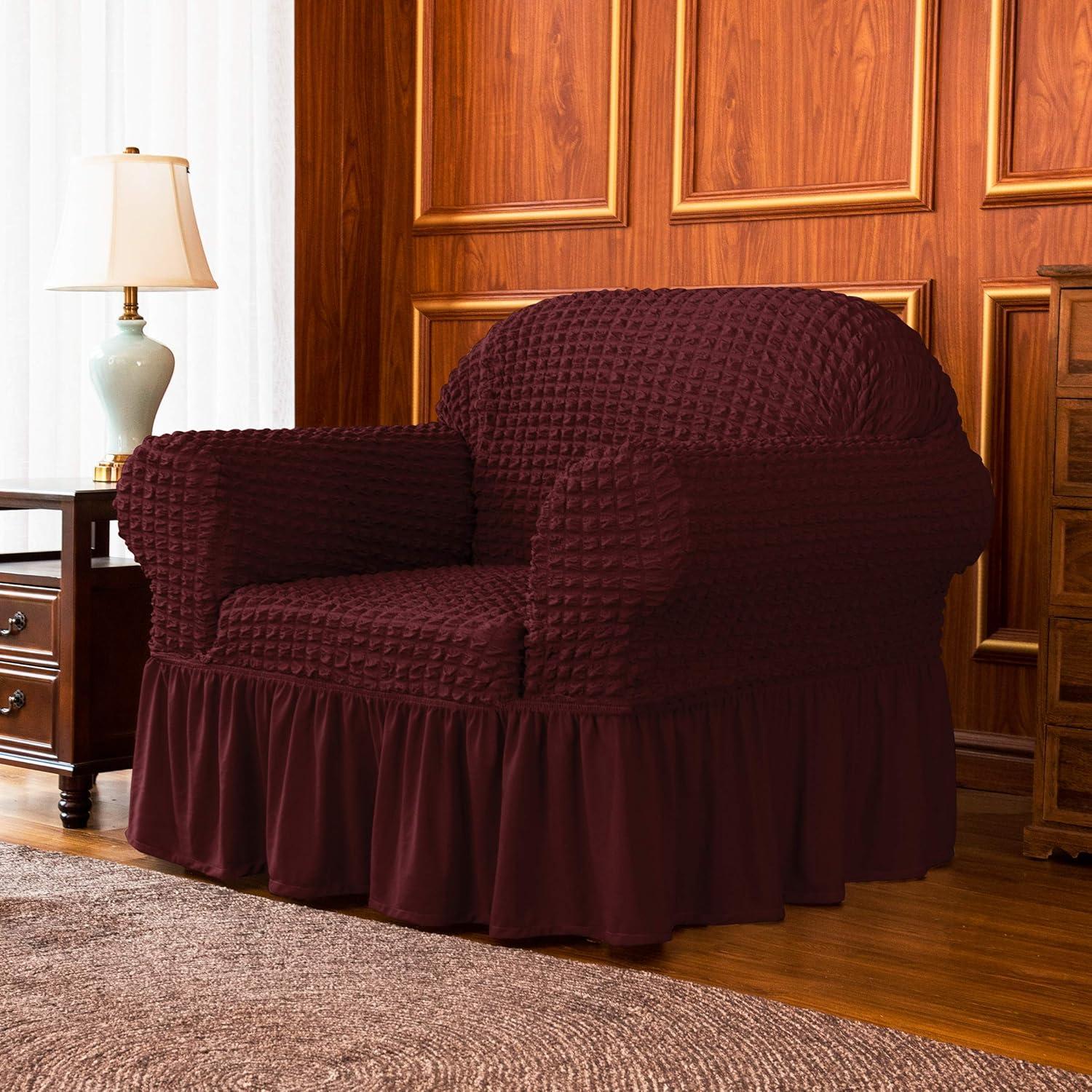 SUBRTEX 1 Piece Seersucker Sofa Slipcover with Skirt Universal Stretch Sofa Couch Slipcover Easy Fitted Chair Furniture Protector(1 Seater,Wine)