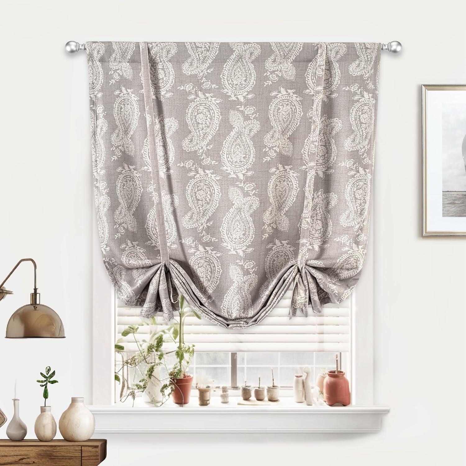 Gray Linen Paisley Blackout Tie-Up Curtain 45 x 63 Inch