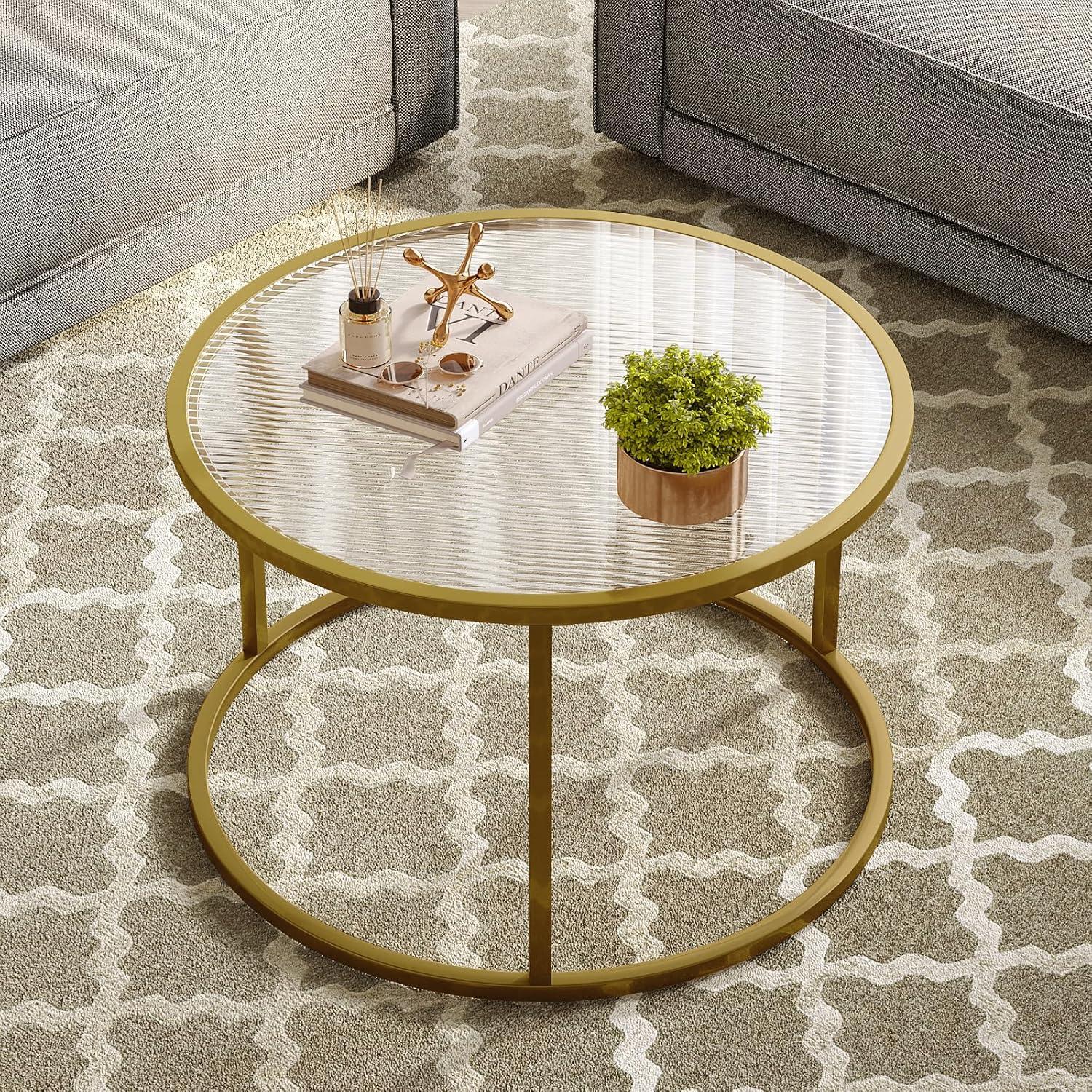 Round Gold Glass Coffee Table with Metal Frame