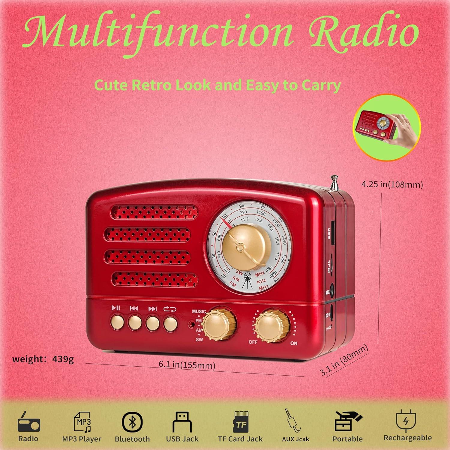 Retro Portable AM/FM Vintage Radio with Bluetooth, Transistor Radio Receiver, Rechargeable Battery, Support TF Card, AUX, USB, MP3 Player for Elder (Red)