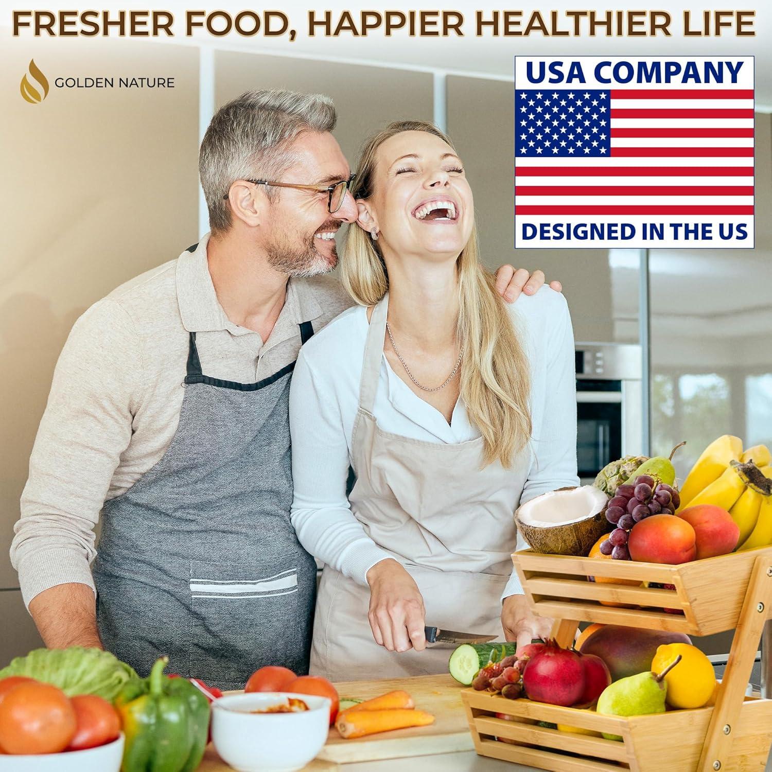 Bamboo Basket for Kitchen Counter Fruit & Vegetable Storage, Two Tier Wooden Fruit Bowl by Golden Nature