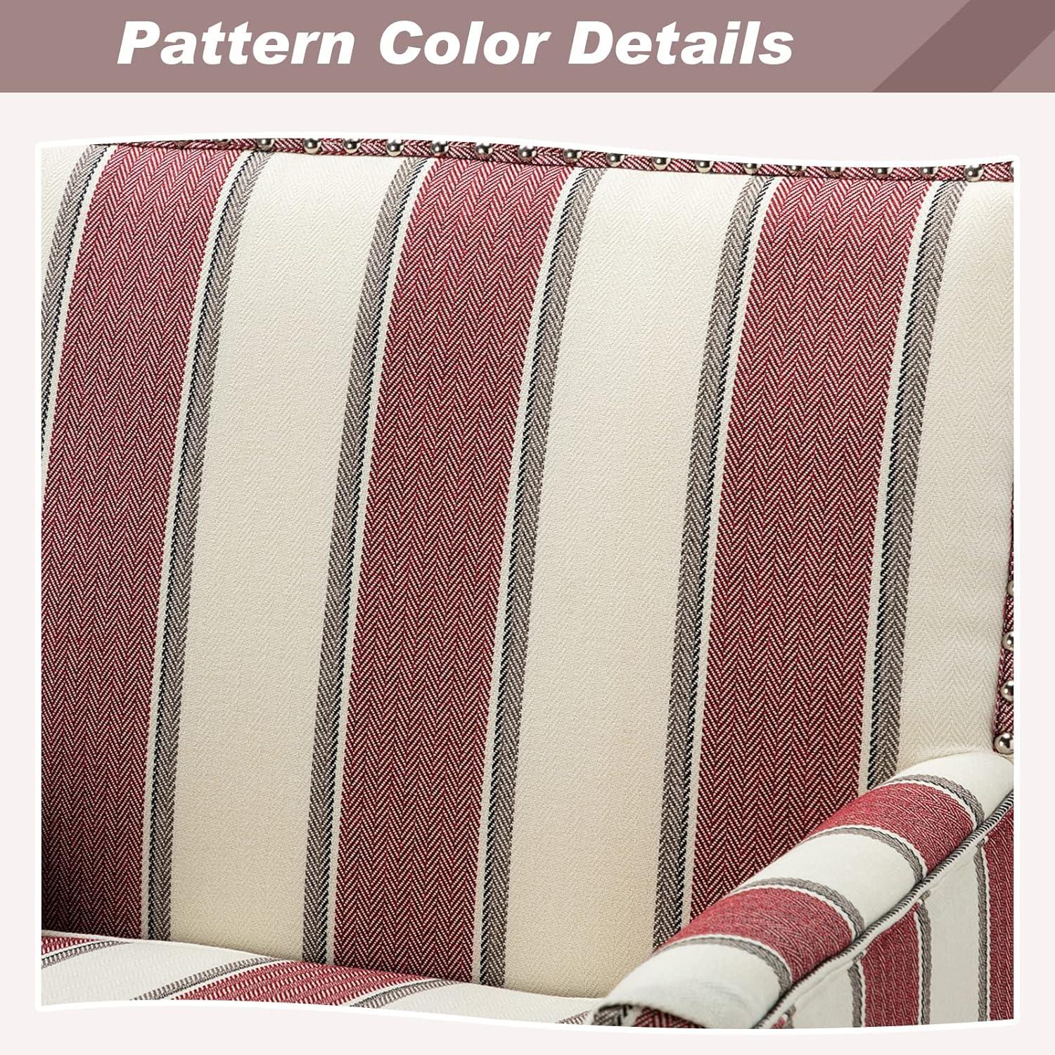 Red and White Striped Wooden Leg Accent Chair