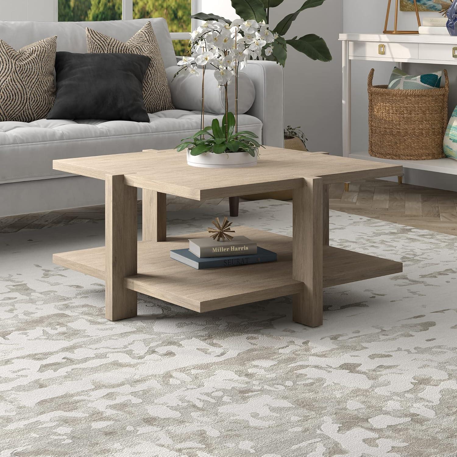 Scandinavian-Inspired Antiqued Gray Oak Square Coffee Table with Storage