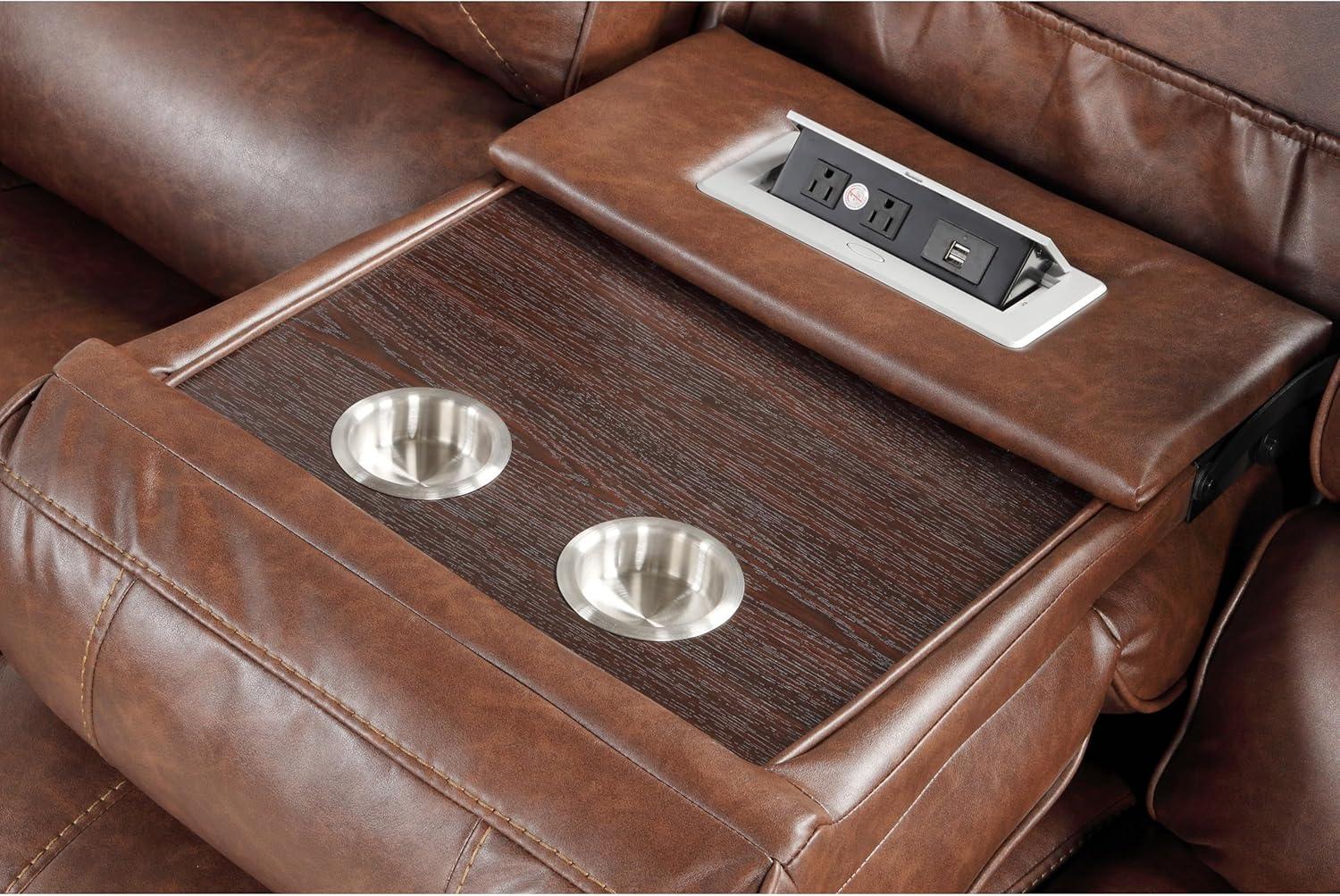 Roundhill Furniture Achern Brown Leather Nailhead Manual Reclining Sofa with Storage Console and USB Port