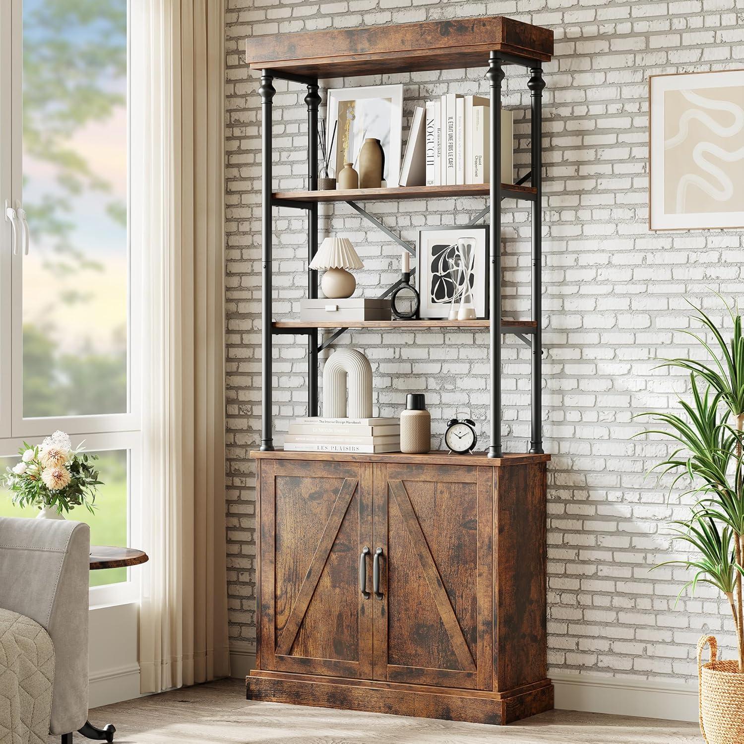 IDEALHOUSE Tall Bookshelf with Doors 73.62in Industrial Storage Open Rack Shelf with Cabinet Wood and Metal Bookcase Farmhouse Bookshelves Large Vintage Display Rack Home Office