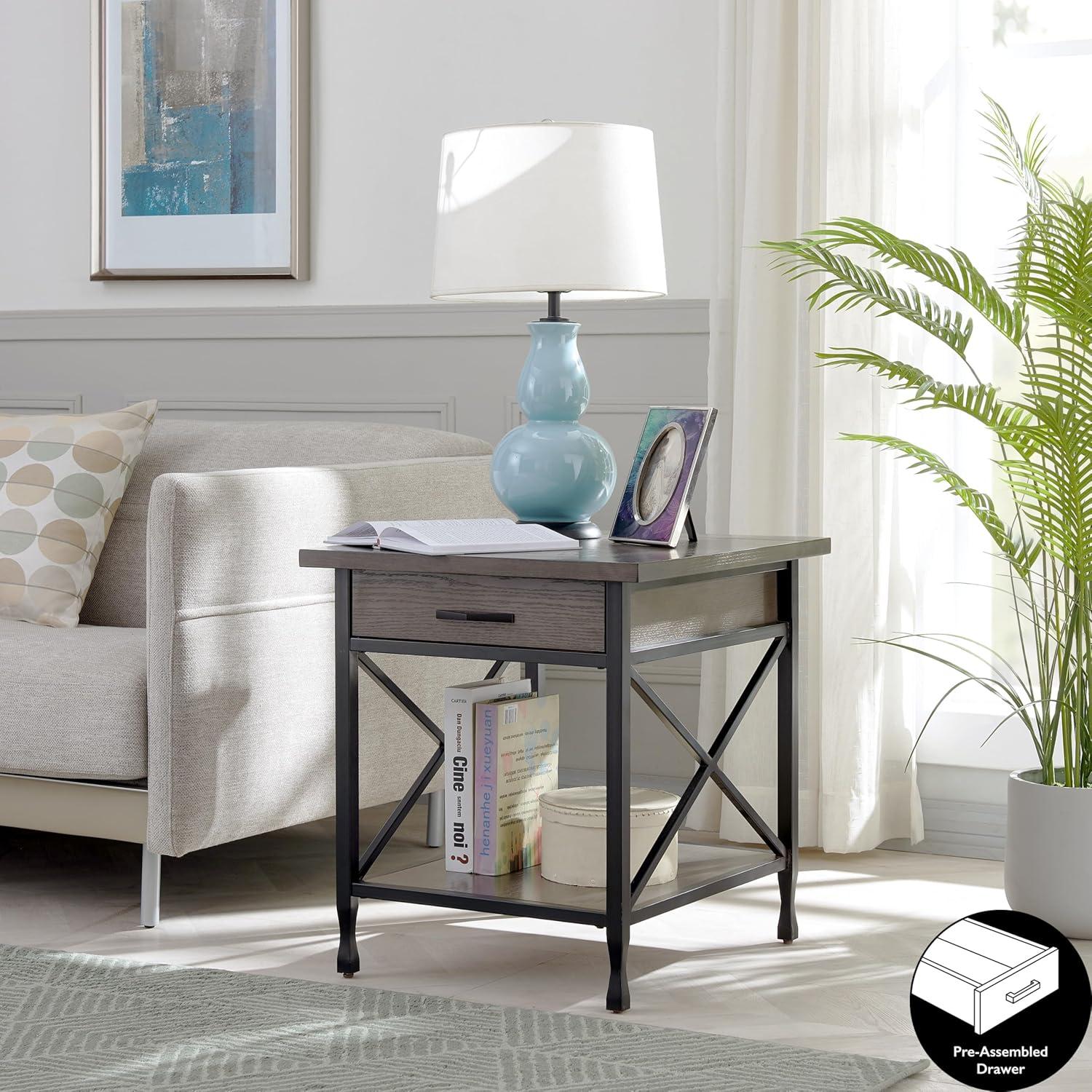 23007 Chisel & Forge One Drawer X Design Mixed Metal And Wood Side Table With Shelf, Gray And Matte Black, 22 In X 24 In X 24 In