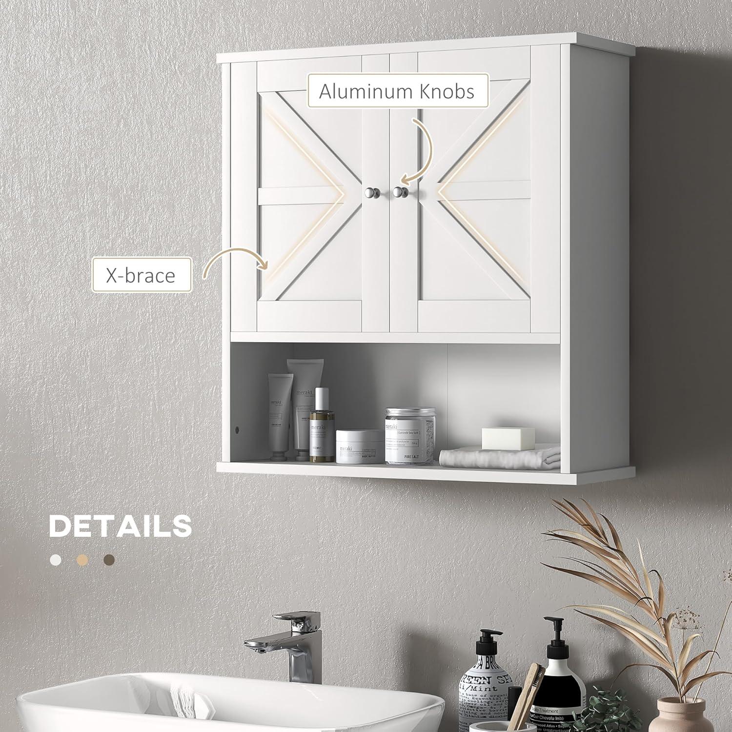 kleankin Bathroom Wall Cabinet, Farmhouse Medicine Cabinet with Open Shelf & Adjustable Shelf, Storage Cupboard for Laundry Room, White