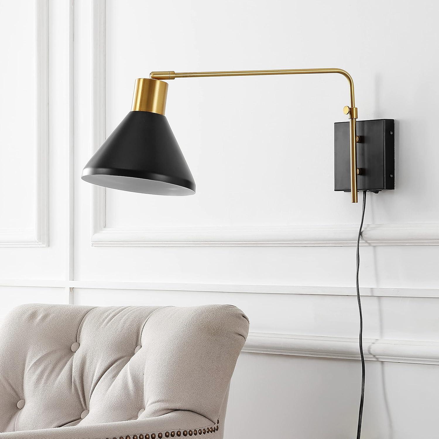 Max 20.5" Swing Arm 1-Light Modern Midcentury Iron USB Charging Port LED Sconce, Black/Brass Gold