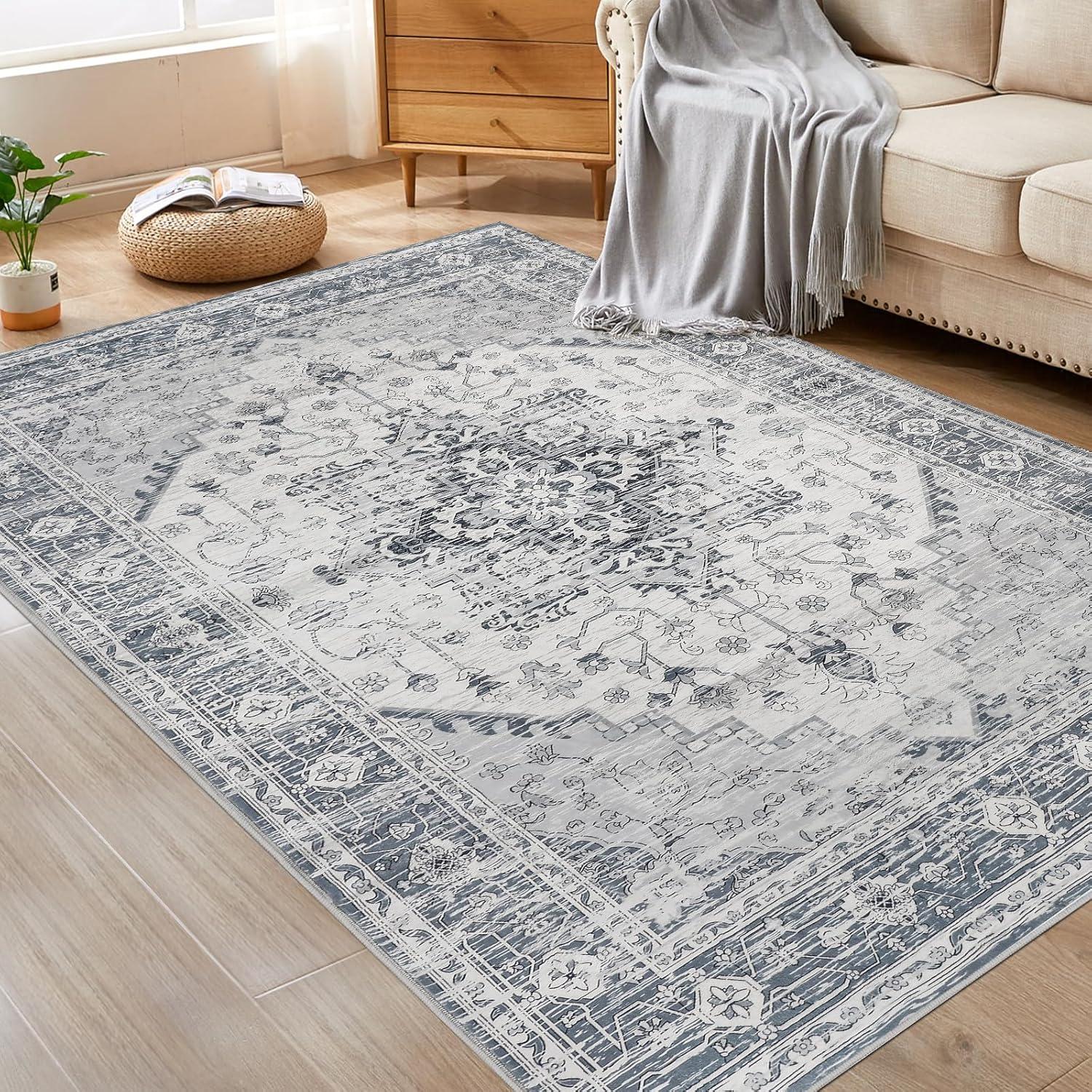 Haperlare Washable Living Room Rug Ultra Soft Rug Machine Washable Accent Rug Stain Resistant Ultra Thin Distressed Mats for Bedroom Living Room, 5' x 7' Gray