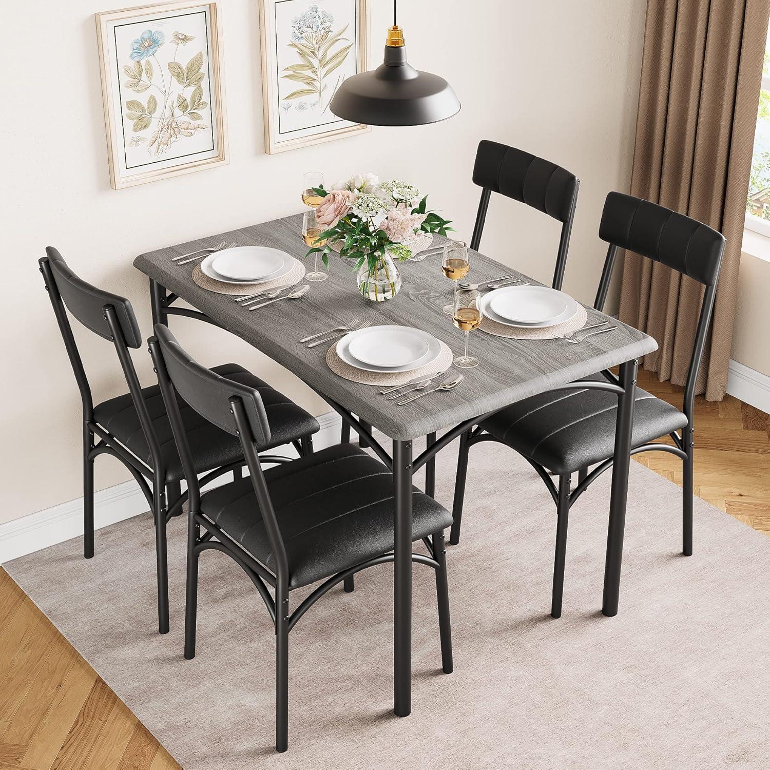 Rustic Gray 5-Piece Rectangular Dining Table Set with Upholstered Chairs