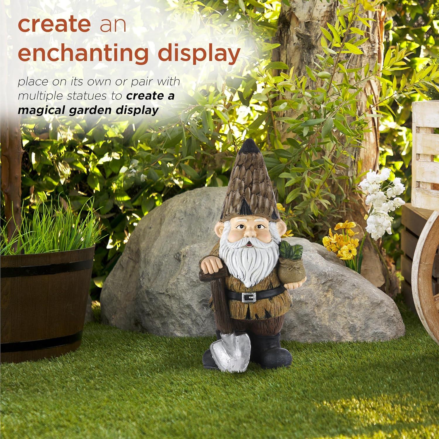 Alpine Corporation 7" x 6" x 16" Polystone Gnome with Shovel Garden Statue, Brown