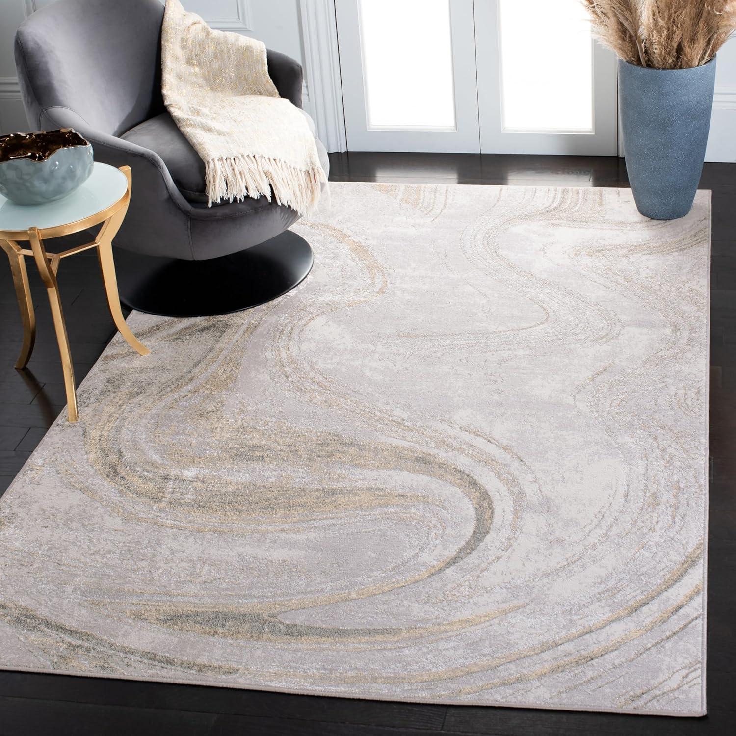 Grey and Gold Abstract Synthetic Area Rug, 5'5" x 7'7"