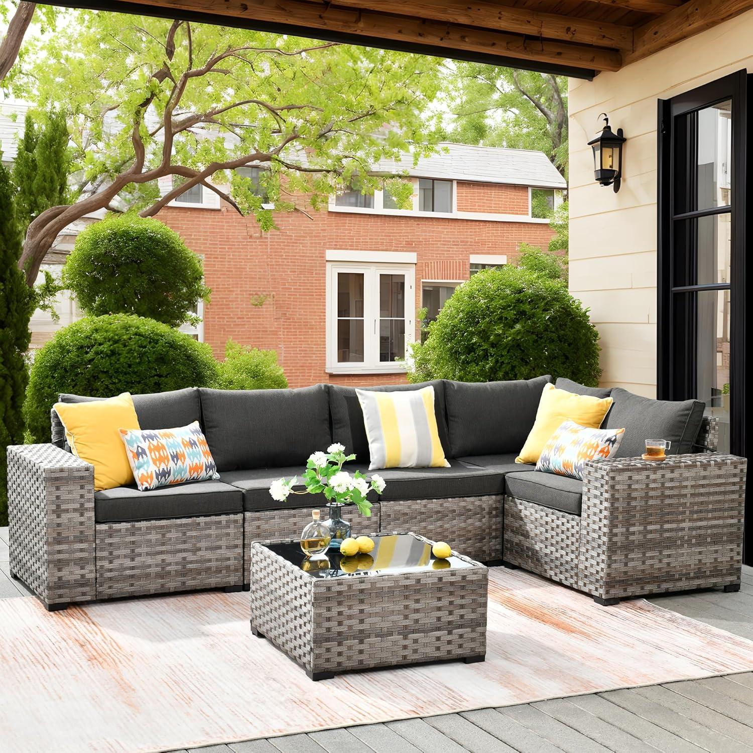 Ovios 5-Person Black and Light Grey Wicker Outdoor Sectional Sofa Set