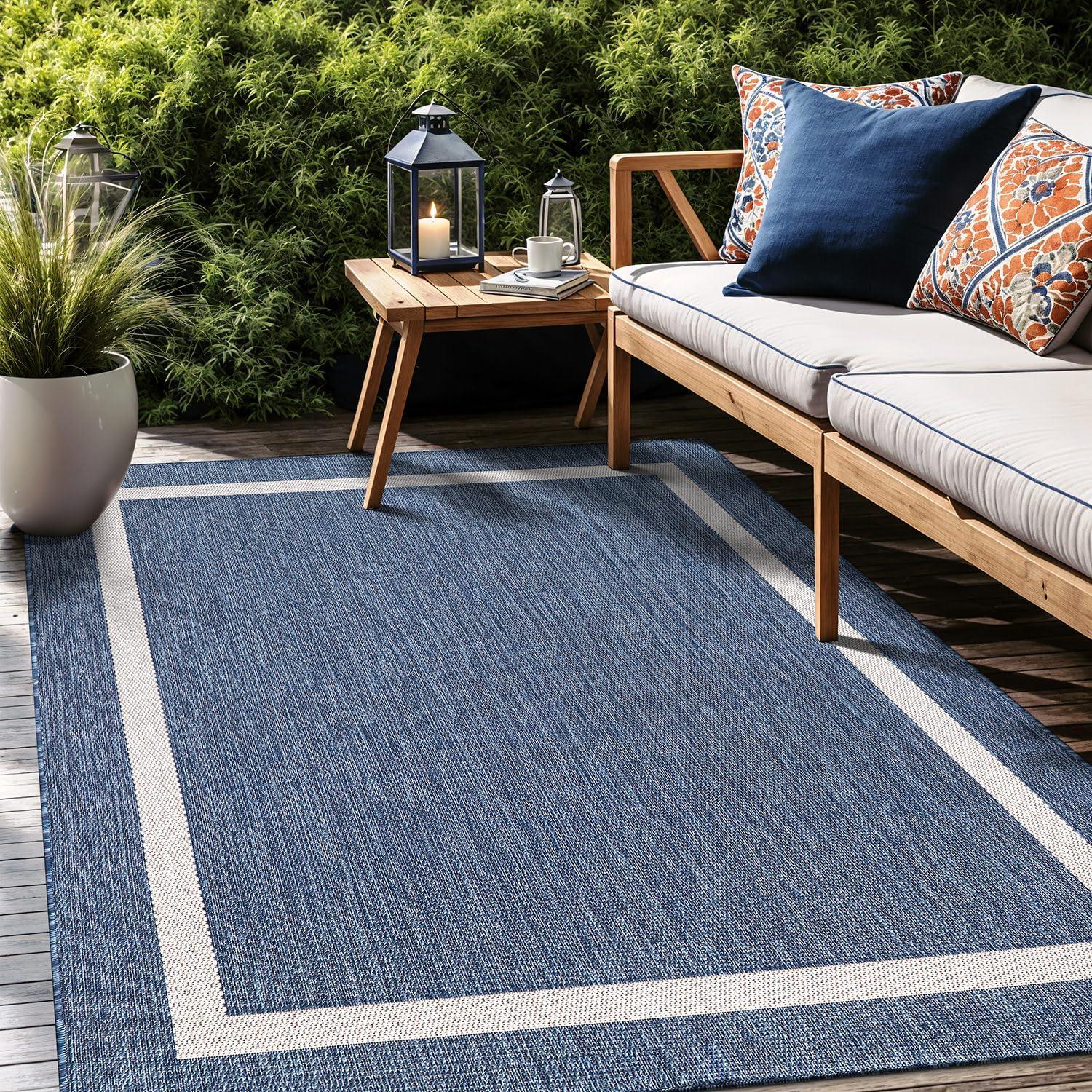 Unique Loom 6' 1 x 9' 0 Rectangle Indoor/Outdoor Border Blue Area Rug