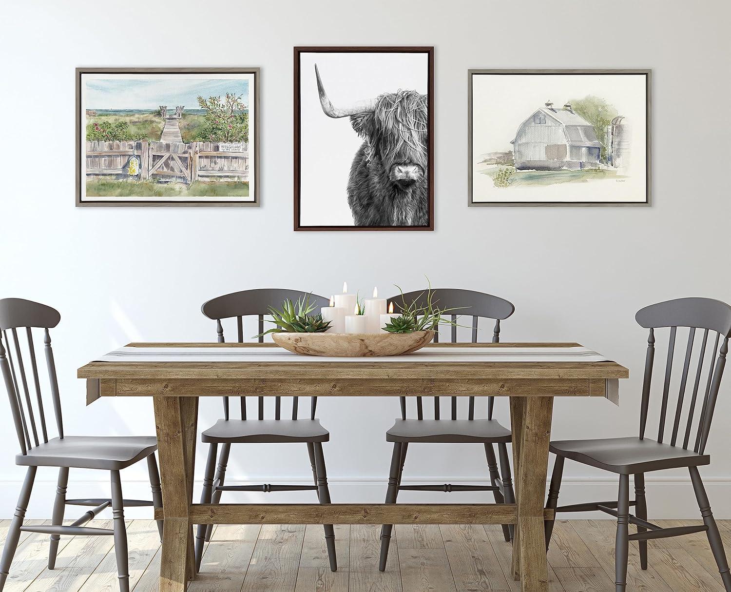 Kate and Laurel Sylvie B&W Highland Cow No. 1 Framed Canvas Wall Art by Amy Peterson Art Studio, 18x24 Brown, Black and White Animal Portrait Art