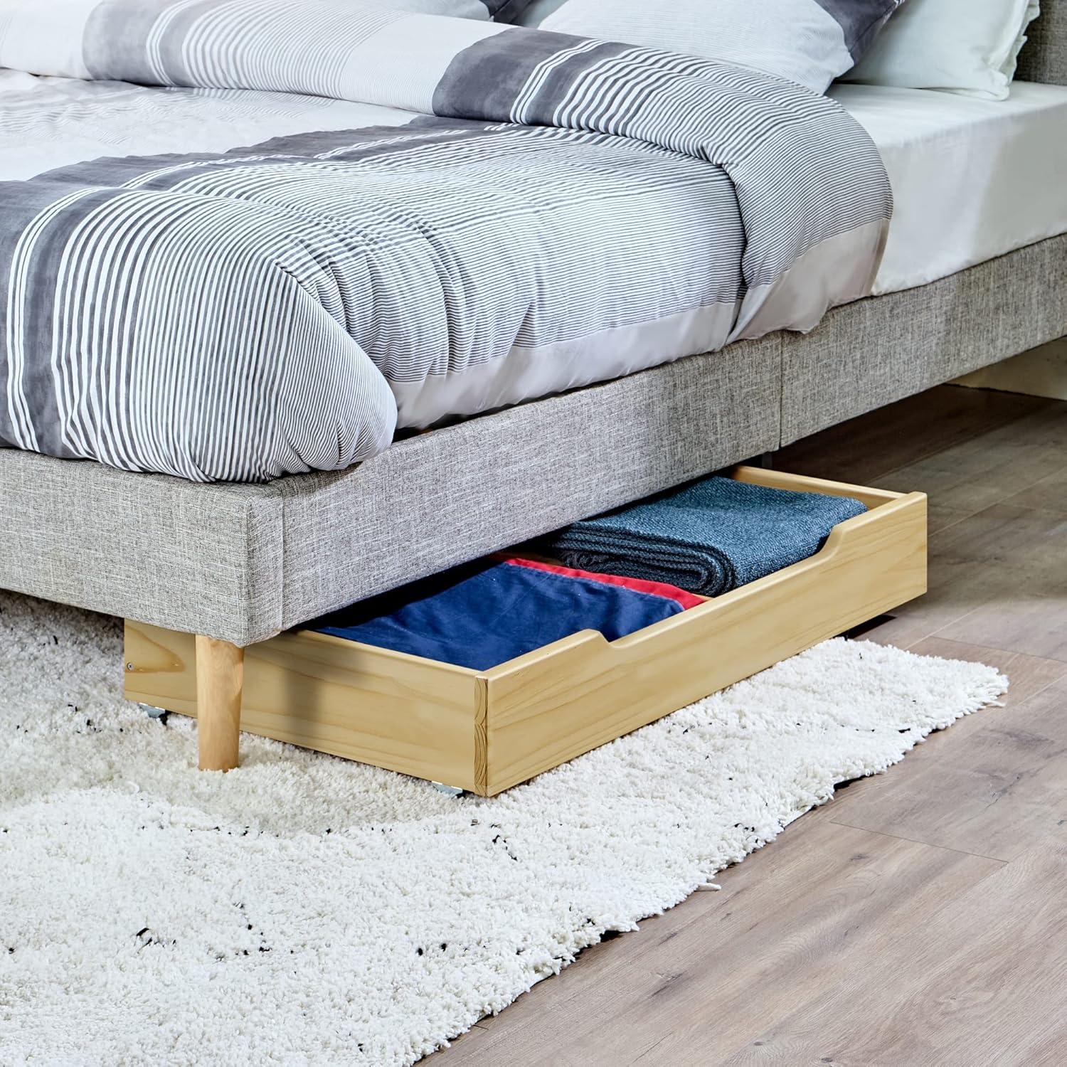 MUSEHOMEINC Solid Wood Under Bed Storage Drawer with 4-Wheels for Bedroom,Suggested for Queen&King Size Platform Bed,Natural