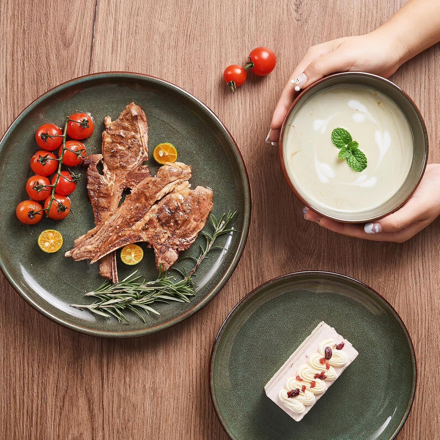 Orren Ellis Stoneware Dinnerware Sets Service For 4, 12 Pcs Reactive Glaze Plates And Bowls Sets, Handmade Ceramic Dish Set, Highly Chip And Crack Resistant Modern Plate Set, Sage Green