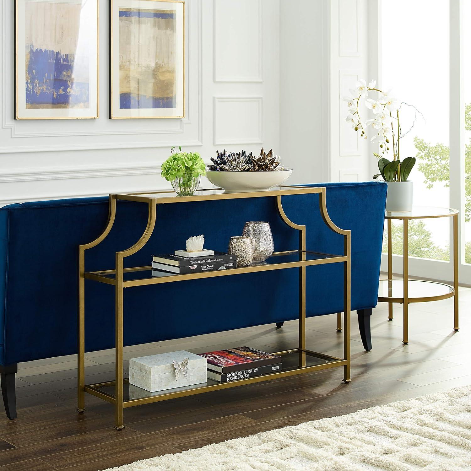 Aimee Console Table - Crosley: Elegant Steel Frame, Clear Glass Top, Fixed Shelf, Entryway Furniture