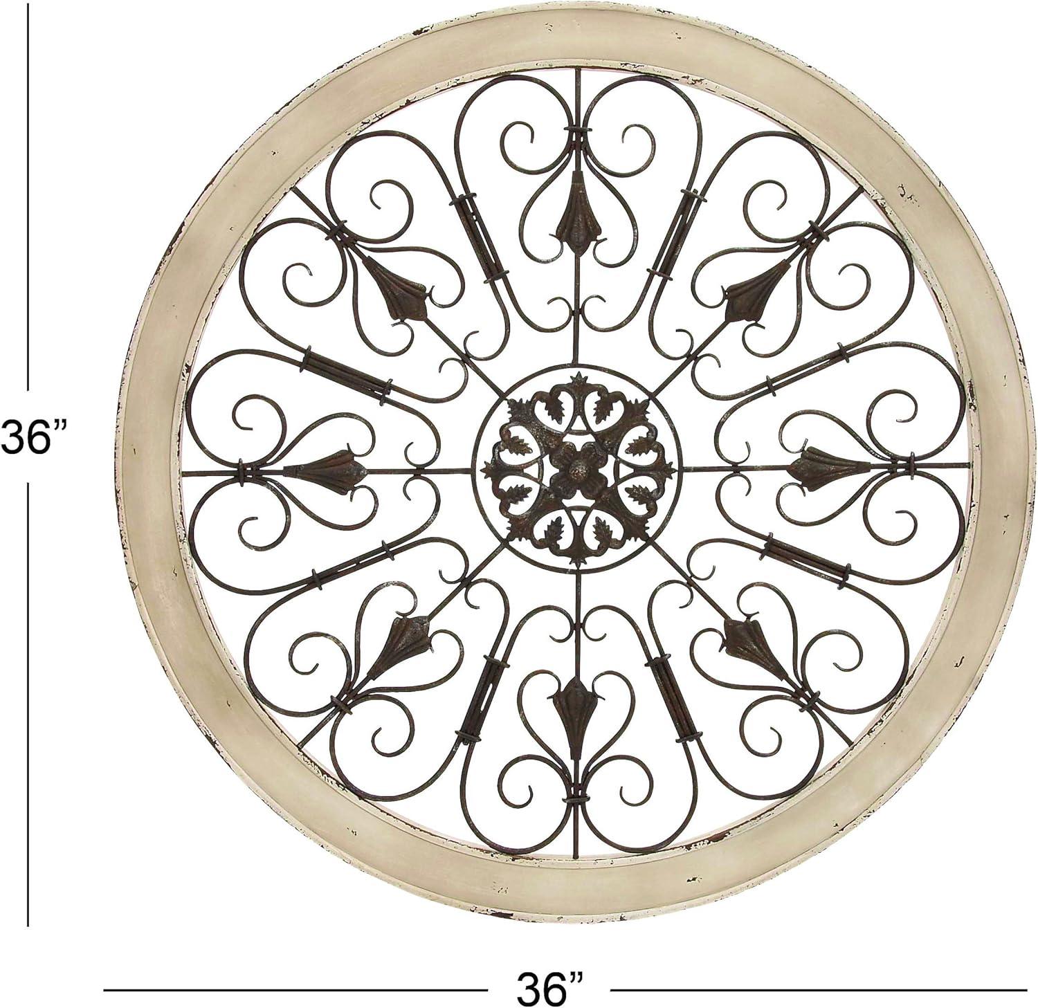 DecMode Brown Wood Arabesque Scroll Wall Decor with Metal Fleur De Lis Relief