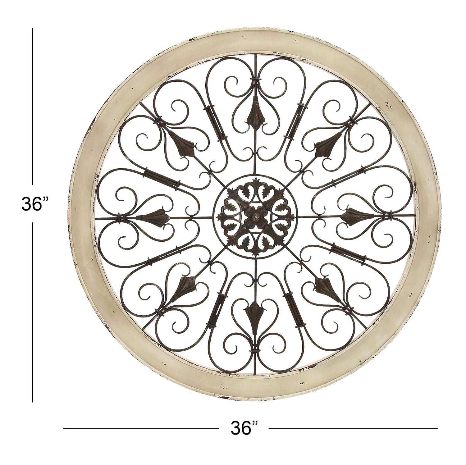 DecMode Brown Wood Arabesque Scroll Wall Decor with Metal Fleur De Lis Relief