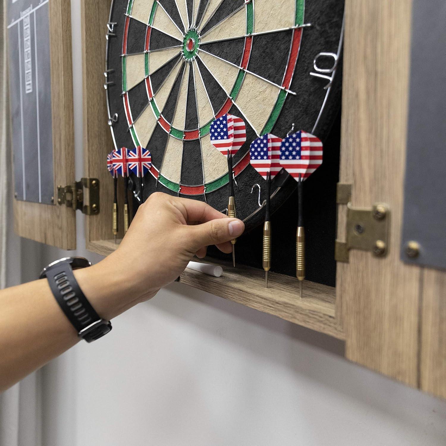 Rustic Tan Woodgrain Bristle Dartboard Cabinet Set with Steel Tip Darts