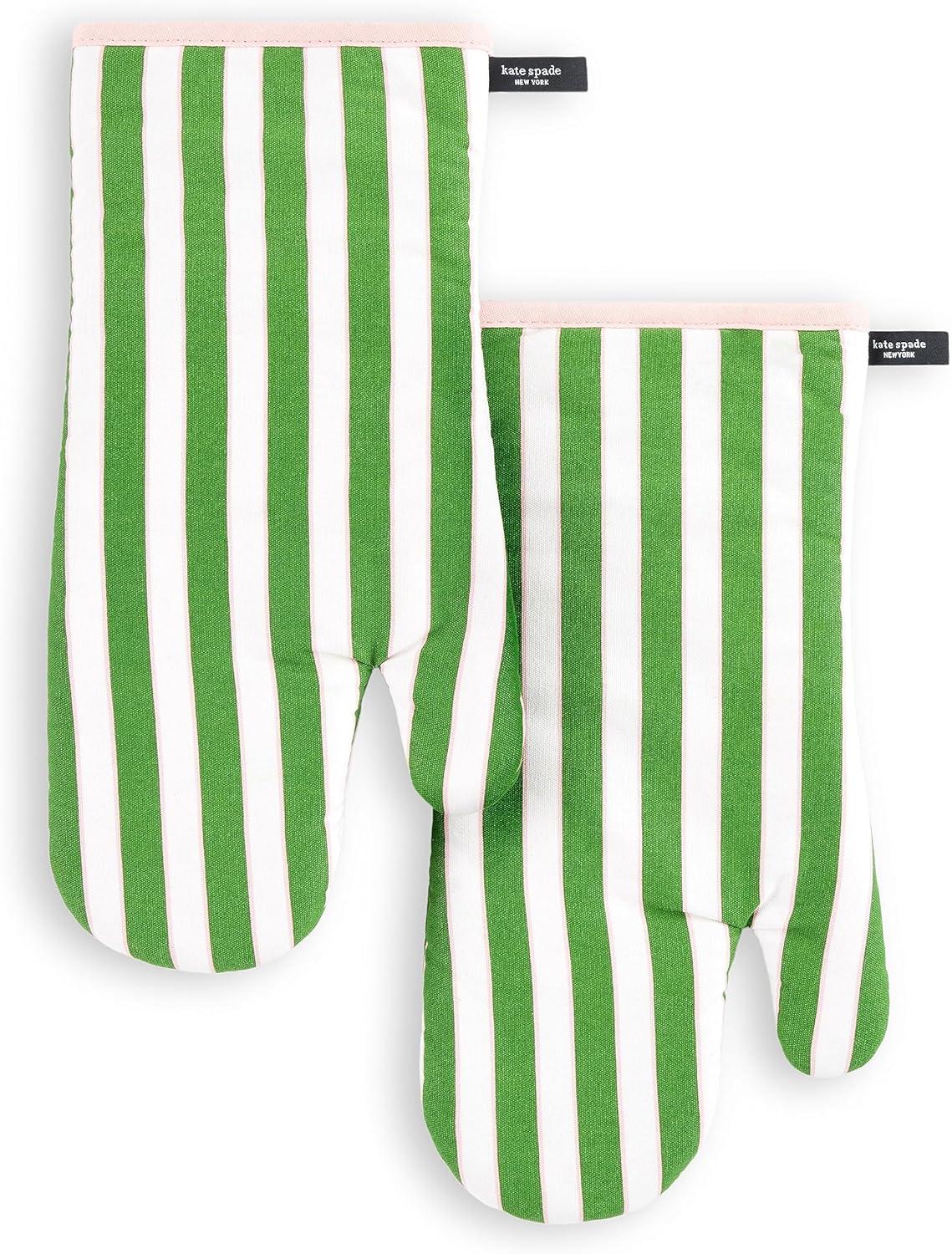 Green and Pink Striped Cotton Oven Mitt Set