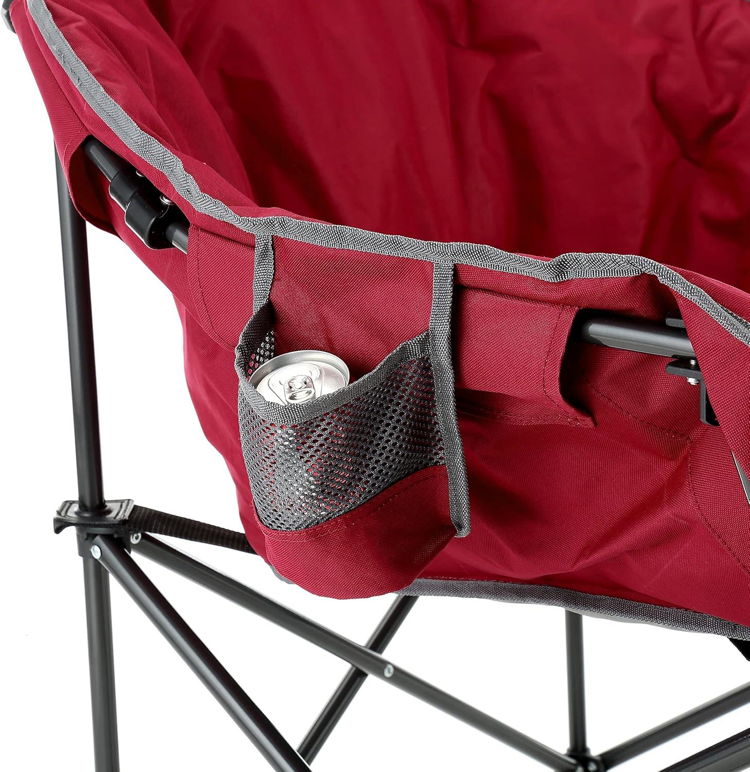 ARROWHEAD OUTDOOR Oversized Heavy-Duty Club Folding Camping Chair w/ External Pocket, Cup Holder, Portable, Padded, Moon, Round, Saucer, Supports 330lbs, Carrying Bag, USA-Based Support (Burgundy Red)