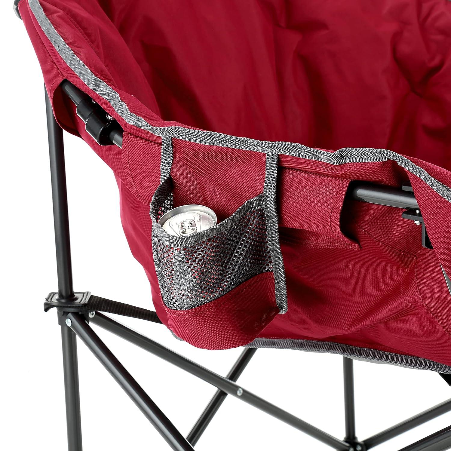 ARROWHEAD OUTDOOR Oversized Heavy-Duty Club Folding Camping Chair w/ External Pocket, Cup Holder, Portable, Padded, Moon, Round, Saucer, Supports 330lbs, Carrying Bag, USA-Based Support (Burgundy Red)