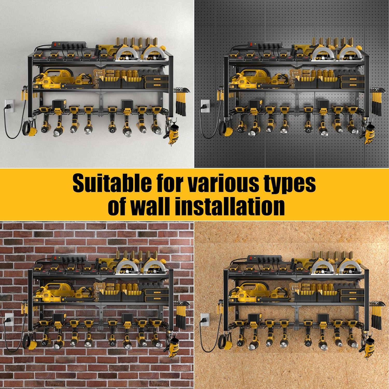 Spampur Power Tool Organizer Wall Mount with Charging Station, Garage Tool Shelf 6 Drill Holders, Tool Battery Holder with Plier holder Heavy Duty Rack, Tool Storage Rack with 4 Outlet Power Strip