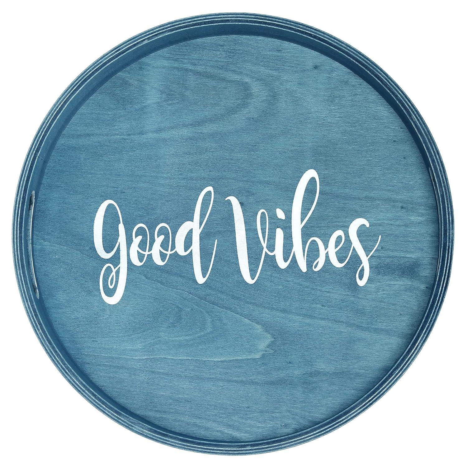 Good Vibes 14'' Blue Wash Round Wood Serving Tray with Handles