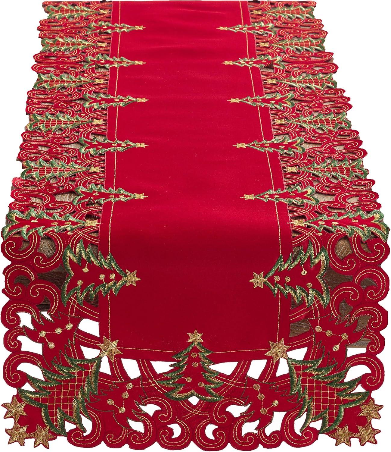 Fennco Styles Pandoro Collection Holiday Embroidered Christmas Tree Cutwork Border 16 X 108 Inch Table Runner - Red Table Runner For Christmas Dinner, Family Gathering, Special Events And Home Décor