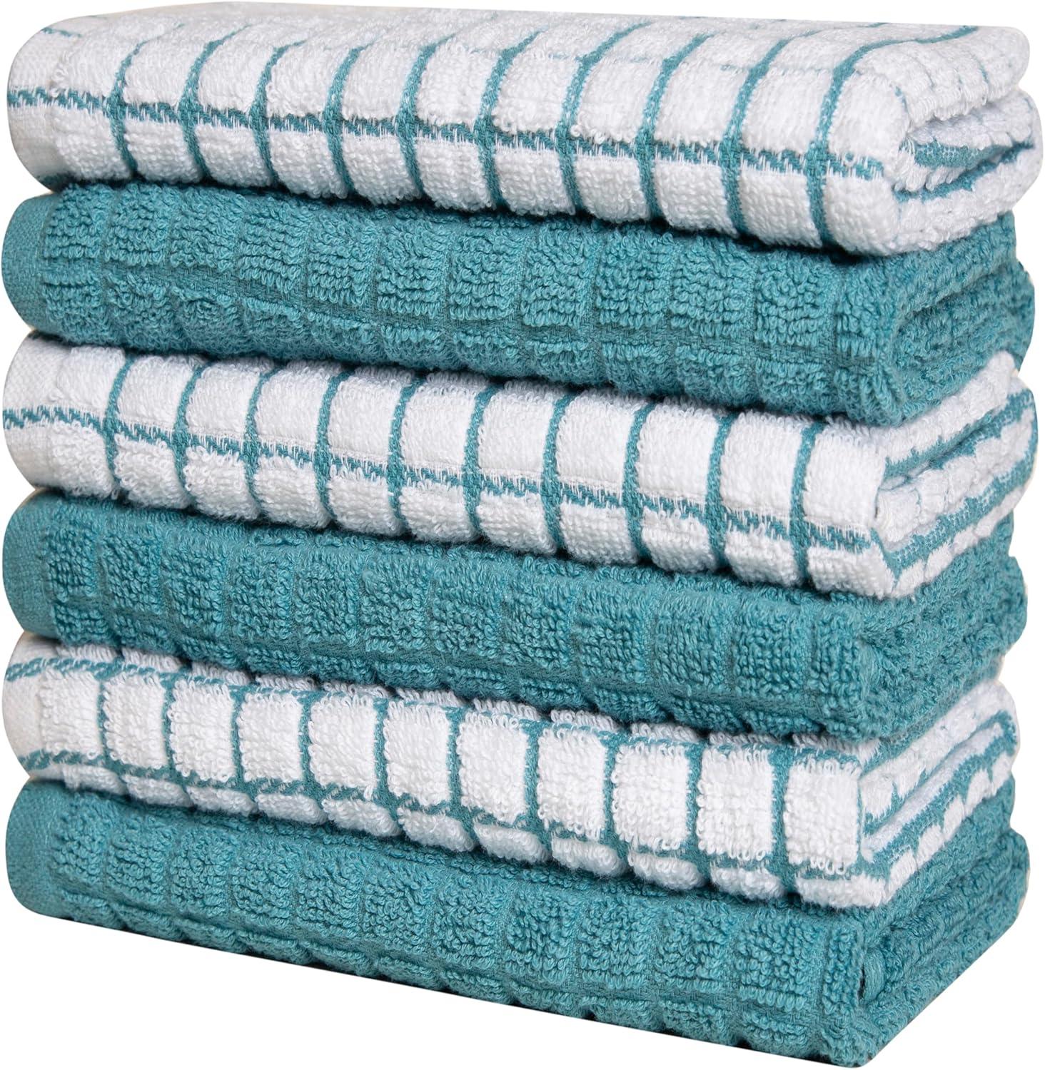 Premium Kitchen Towels (16”x 28”, 6 Pack) – Large Cotton Kitchen Hand Towels – Chef Weave Design – 380 GSM Highly Absorbent Tea Towels Set With Hanging Loop – Aqua