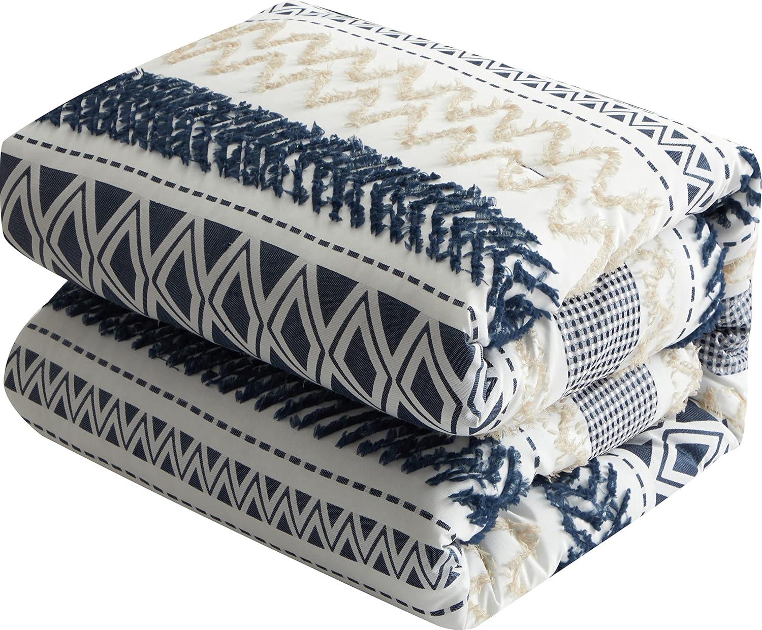 Navy Geometric Jacquard Queen Comforter Set with Decorative Pillows