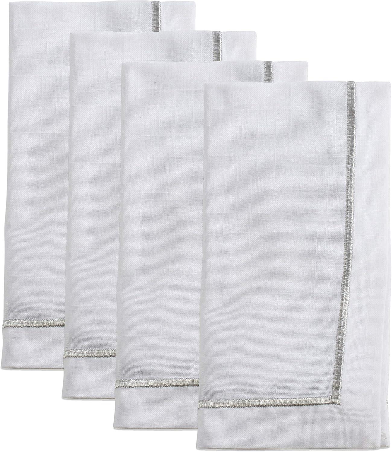 White and Silver Embroidered Polyester Dinner Napkin Set