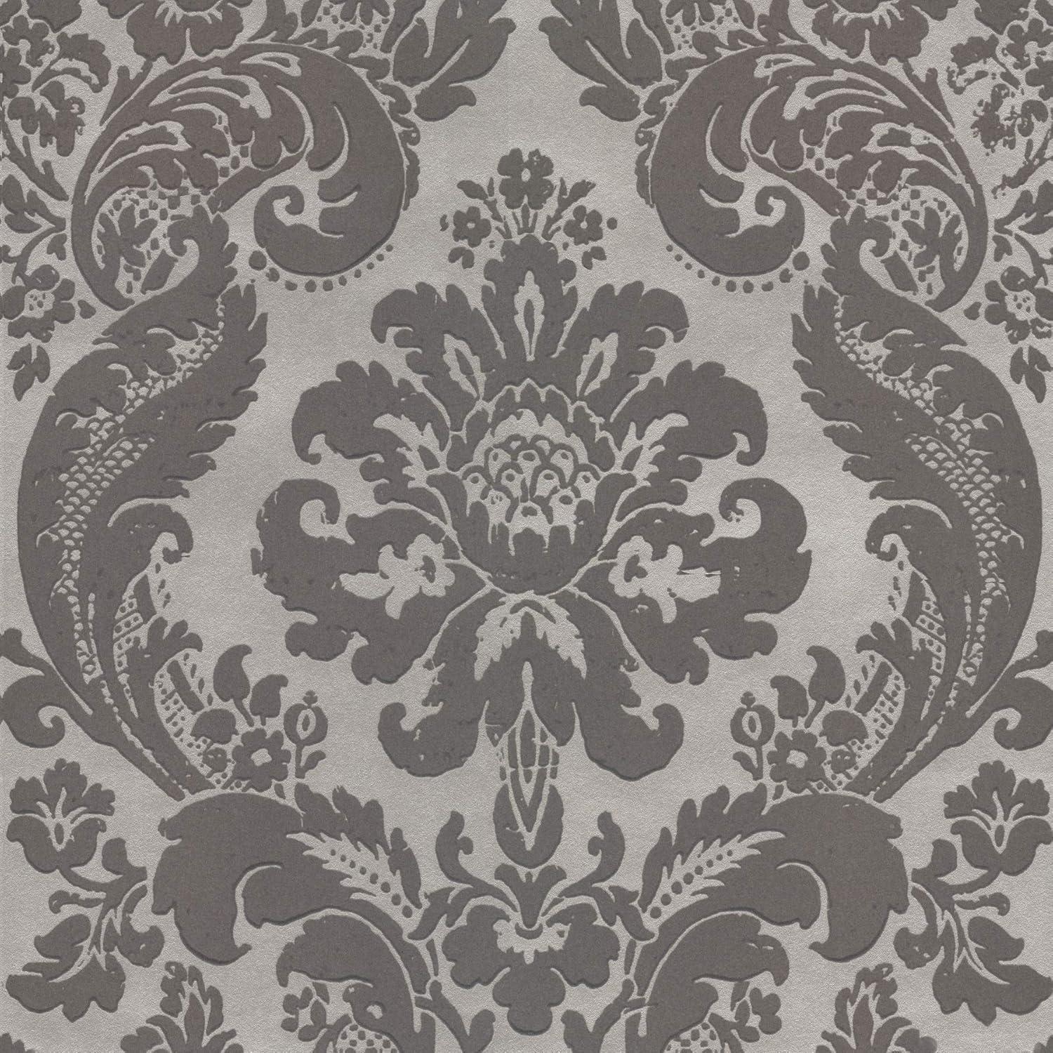 Grey Flocked Damask Wallpaper with Textured Silver Background