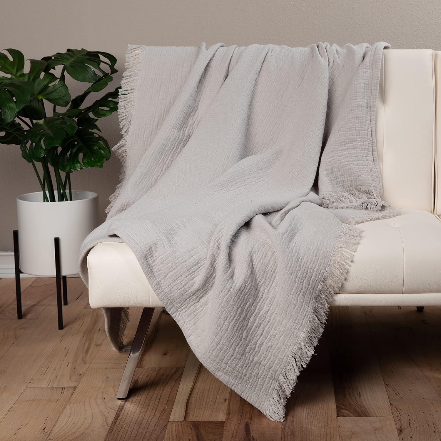 Sticky Toffee Muslin Throw Blanket for Adults, 100% Cotton, 60x50 in, Soft Lightweight and Breathable Throw for Couch, Gray