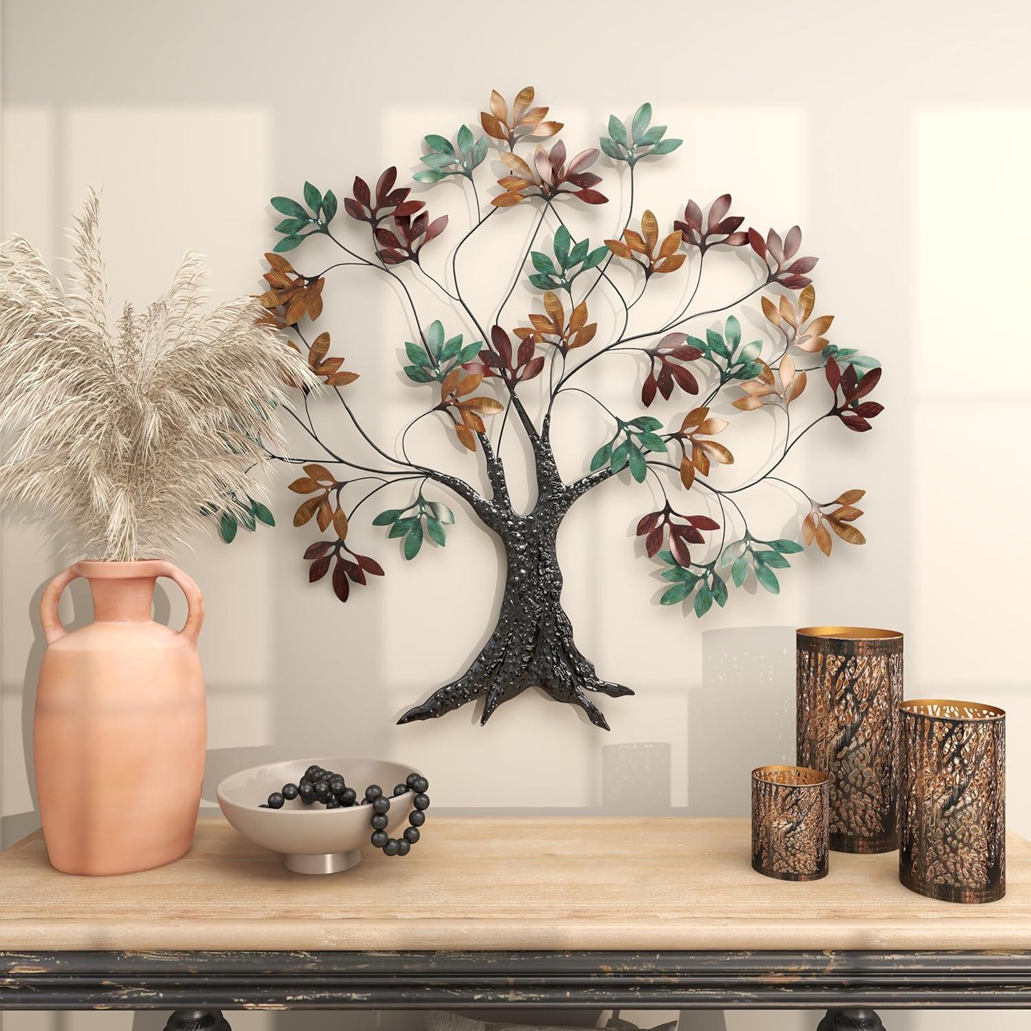 DecMode Multi Colored Metal Tree Wall Decor with Leaf Detail