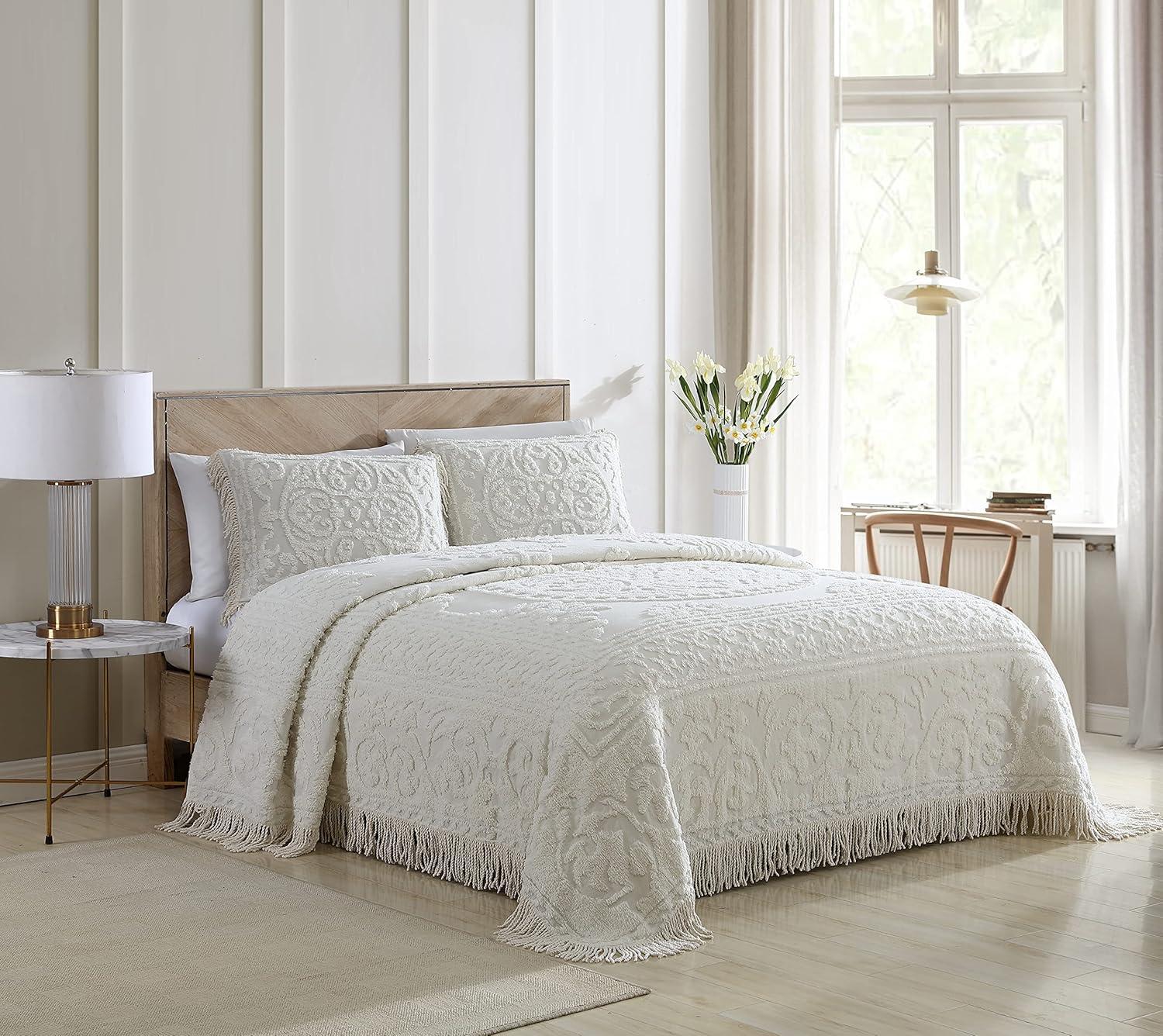 Ivory Medallion Chenille King Bedspread with Fringe Detail