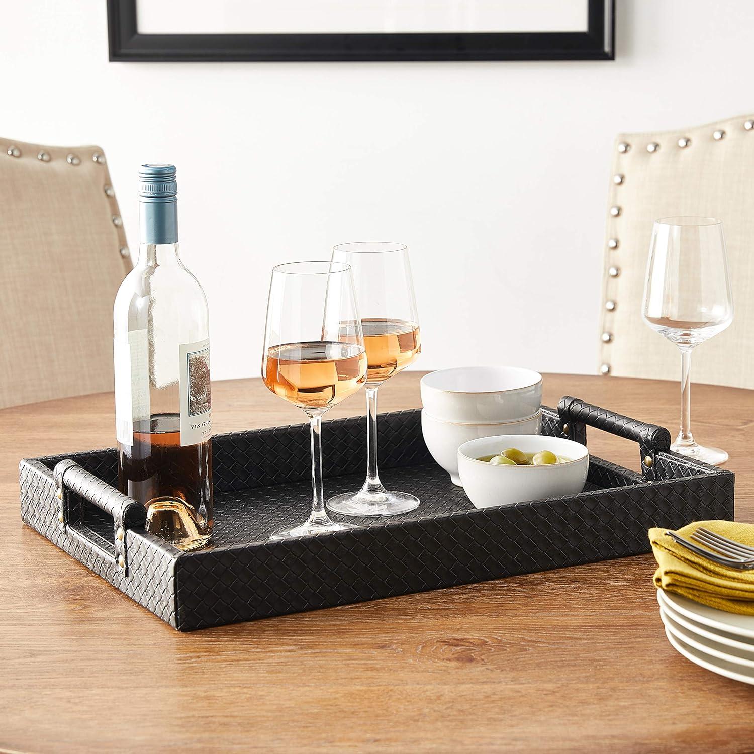 Sleek Black Faux Leather Serving Tray with Easy-Carry Handles