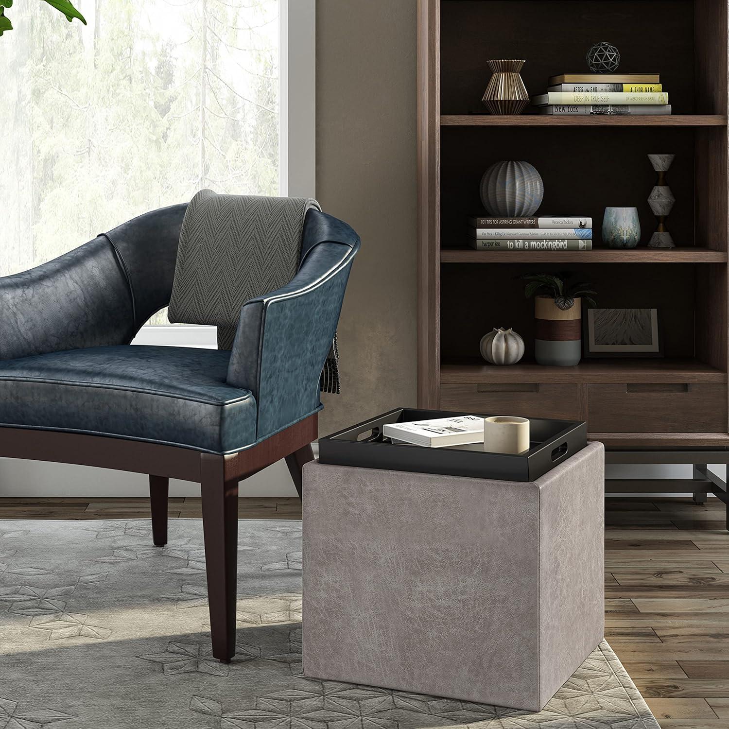 Simpli Home Rockwood 17" Cube Storage Ottoman with Tray in Gray Faux Leather