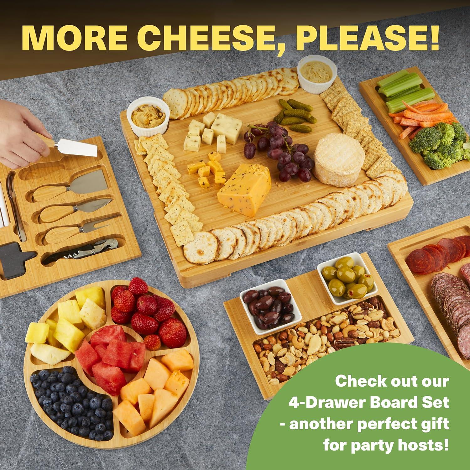 Expandable Bamboo Cheese Board Set with Ceramic Bowls and Utensils