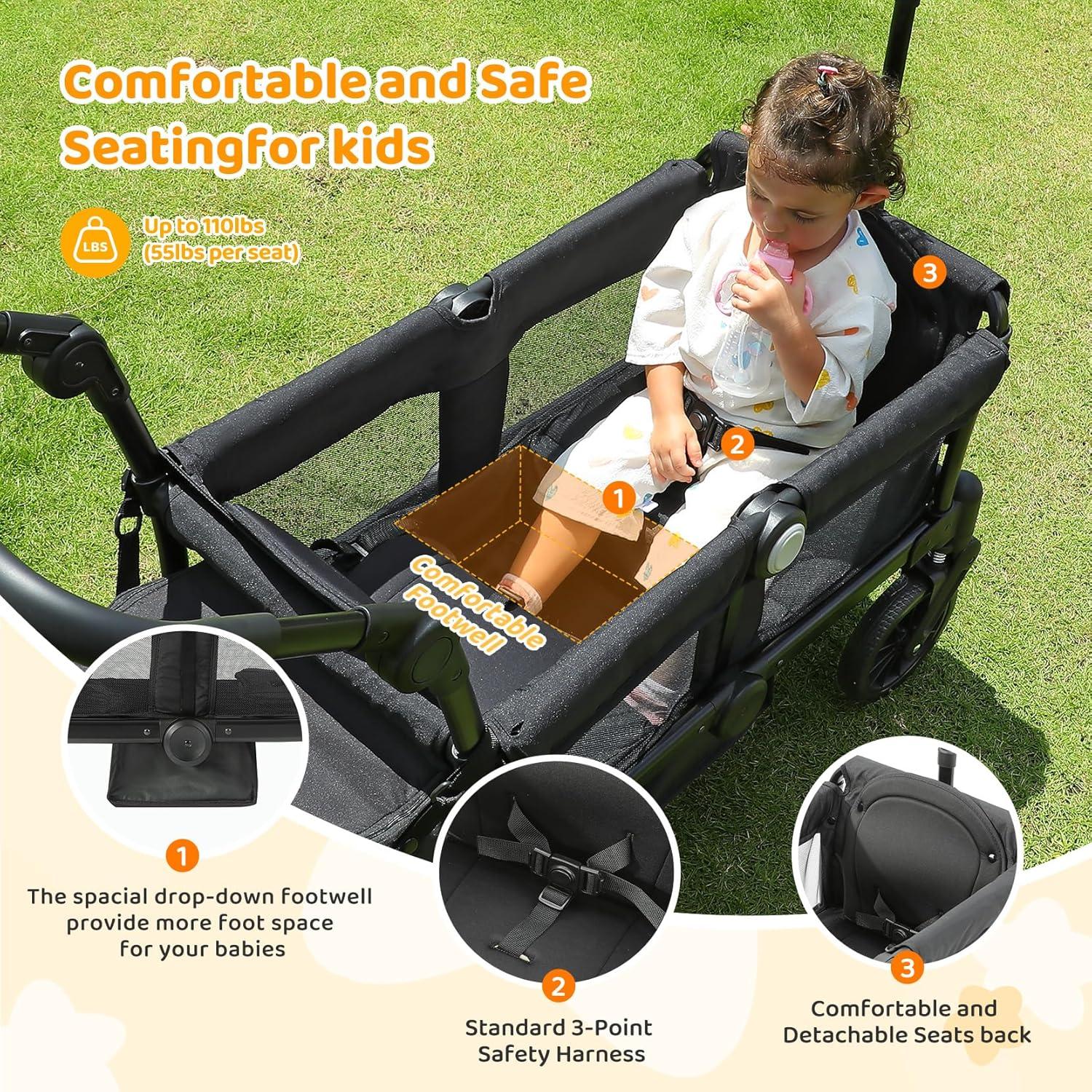 ELEMARA Stroller Wagon for 2 Kids, Foldable Wagon Stroller, Premium All Terrain Wagon for Kids, Kids Wagon Cart w/Removable Canopy, Adjustable Push/Pull Handle, Harnesses, Large Storage Bag, Black