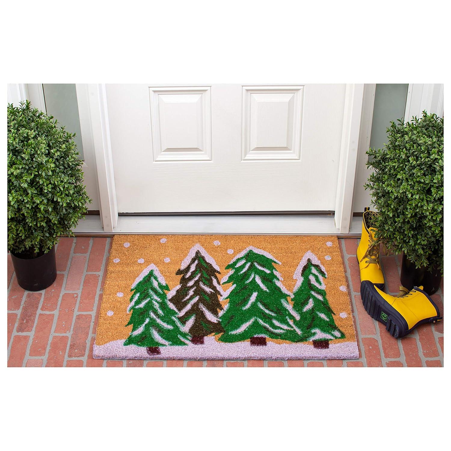 HomeRoots 17" X 29" Natural and Green Coir Christmas Trees Outdoor Christmas Door Mat