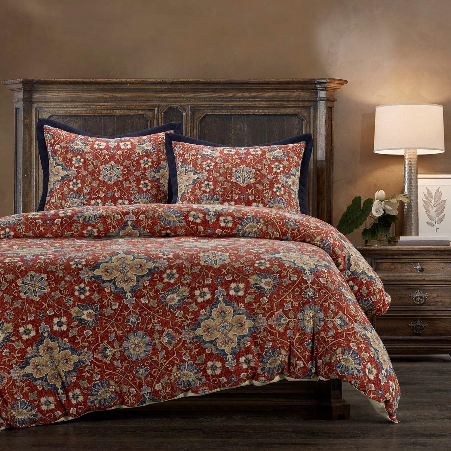 Melinda Red/Navy Floral Medallion Western Classic 3 Piece Duvet Cover Set