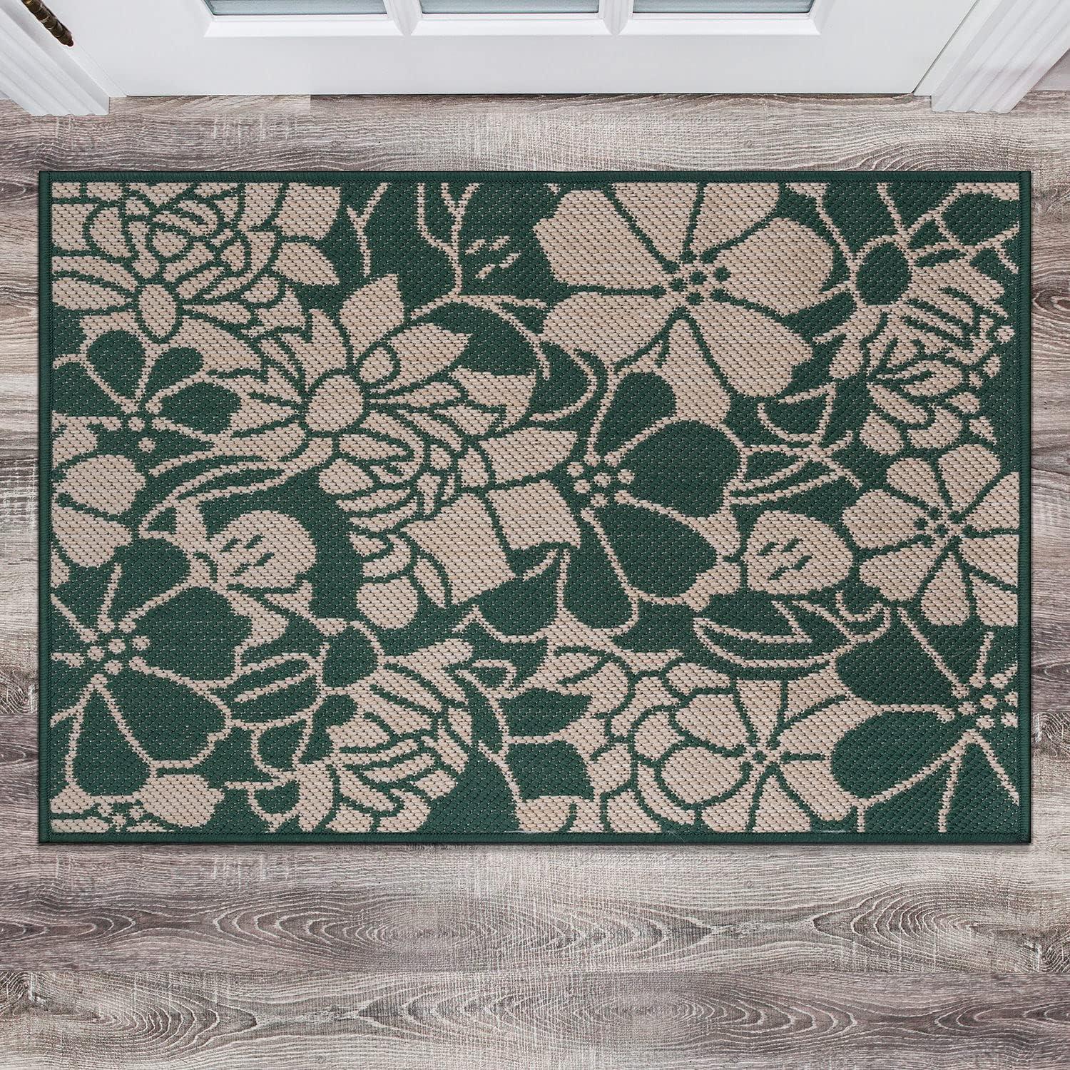 Modern Floral Green Synthetic 2'x3' Indoor/Outdoor Flatweave Rug