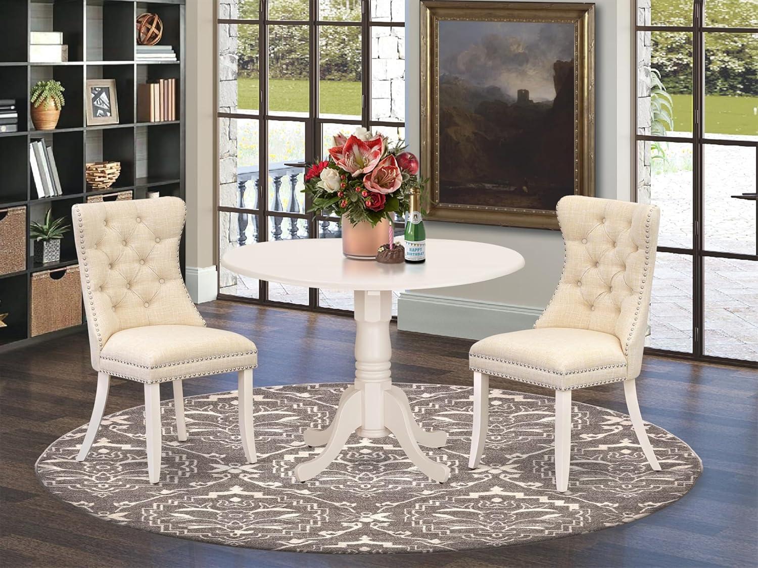 East West Furniture 3 Piece Dining Table Set Contains a Round Kitchen Table with Dropleaf